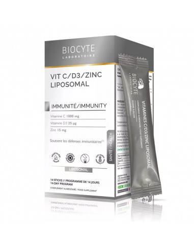 Biocyte Immunité Vit C/D3/Zinc Liposomal. 14 sticks boite grise