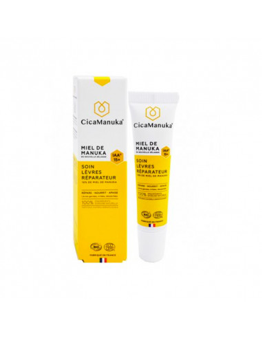 Cicamanuka Soin Lèvres Réparateur Miel de Manuka jaune et blanc tube