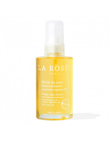 La Rosée Huile de Soin Nourrissante visage corps cheveux. 100ml spray flacon verre jaune