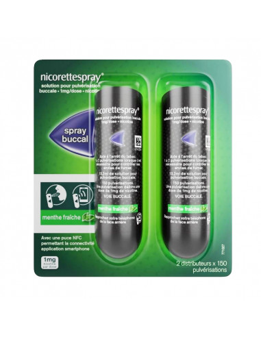 Nicorette Spray Buccal 1mg/dose Menthe Fraiche. 2 distributeurs x150 pulvérisations + puce
