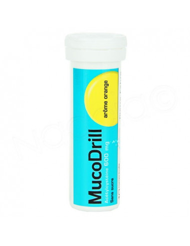 MucoDrill 600mg Arôme Orange Sans Sucre. 10 comprimés effervescents