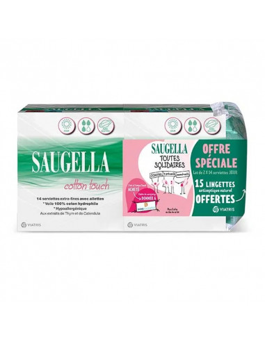 Saugella Cotton Touch Jour 2x14 serviettes + 15 lingettes OFFERTES