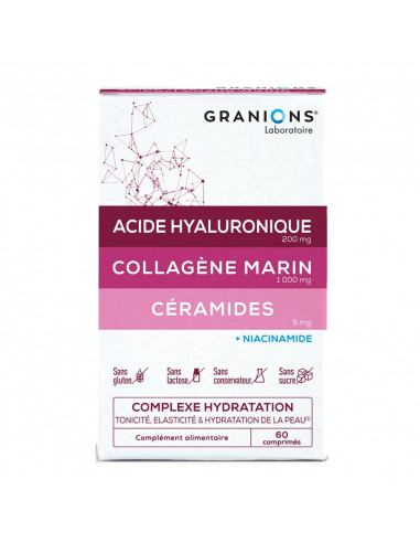 Granions Complexe Hydratation Peau. 60 comprimés boite rose violet bordeaux