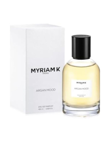 boite blanche myriam k et flacon parfum contenant liquide doré argan mood en 30 ml