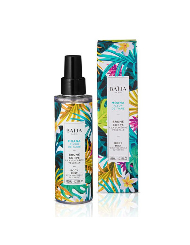 baïja brume et son emballage, couleurs exotique soit bleu rose orange et rose, 125 ml senteur moana
