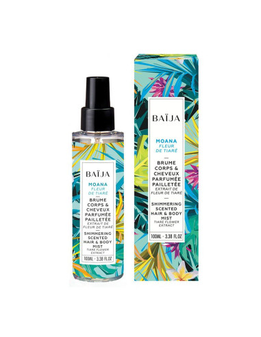 brume et son emballage, au couleurs exotique soit bleu jaune rose orange et vert, baija, moana , brume pailletée, 100ml