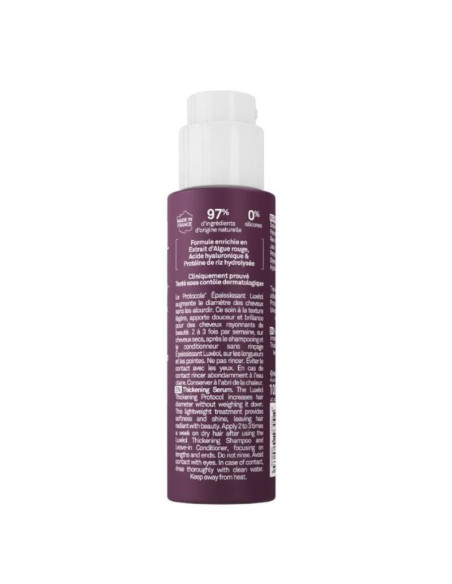 flacon bordeau avec pompe blanche, 97% origine naturelle, formule, protocole