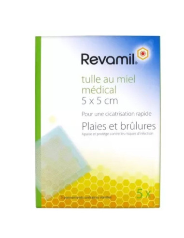 Revamil Tulle au Miel Médical 5cm x 5cm. 5 pansements