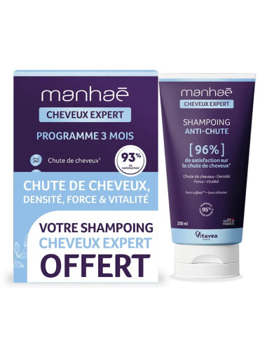 Offre Manhaé Cap Expert 3 mois. 120 gélules + un shampooing anti-chute 50ml offert