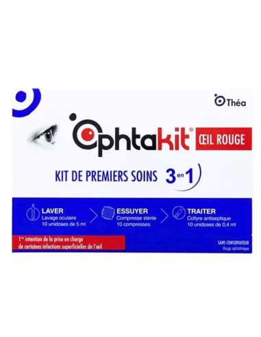 Ophtakit Oeil Rouge Kit de premiers soins 3en1. 10 unidoses de 0.4ml