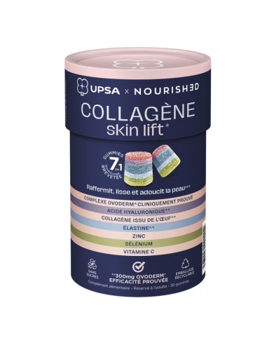 Upsa X Nourished Collagène Skin Lift. 7en1. 30 gummies, boite bleue marine