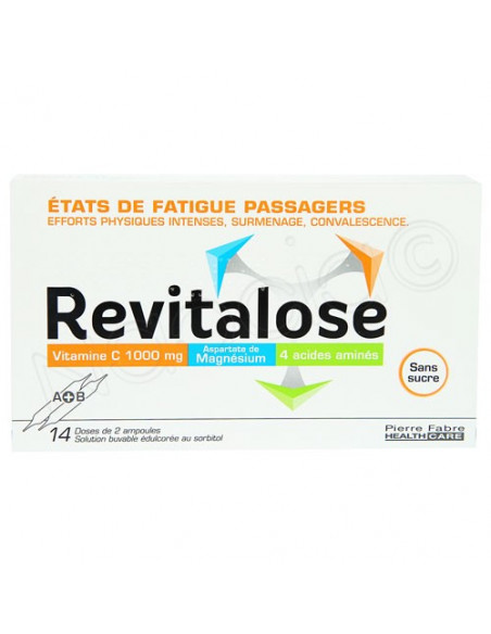 Revitalose Etats de Fatigue Passagers Solution Buvable Sans Sucre. 14 doses de 2 ampoules A+B