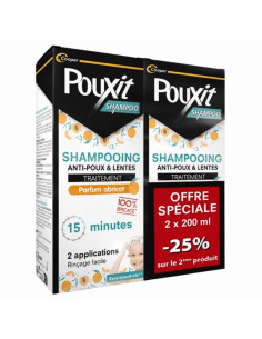 Pouxit shampooing Anti-Poux et Lentes. Parfum Abricot. Offre spéciale -25%. 2x200ml