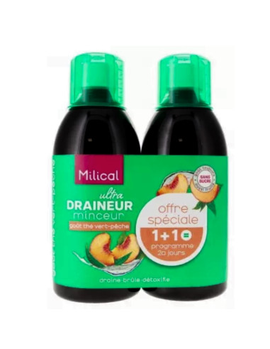 Milical Ultra Draineur Minceur Goût thé vert-Pêche. Lot 2x500ml