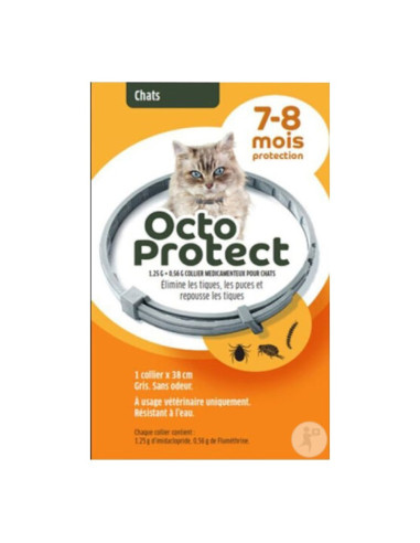 boite orange et blanche avec un chat et un  collier dessus