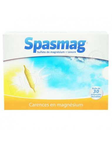 Spasmag Sulfate de Magnésium, Levure 30 ampoules buvable - Archange  Pharmacie en ligne