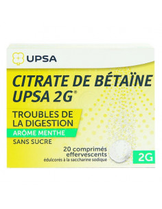 Citrate de Bétaïne UPSA 2g arôme menthe sans sucre. 20 comprimés 2