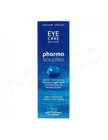 Eye care solution Pharma Souples solution multifonctions pour lentilles. Flacon de 360ml + étui