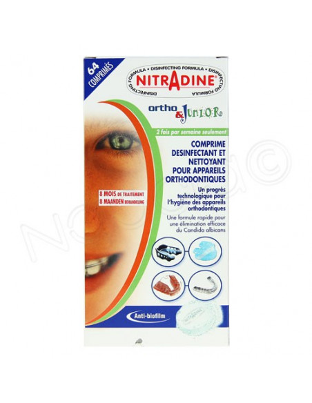 Nitradine Ortho&Junior Comprimés Désinfectants Appareils Orthodontiques. 64 comprimés
