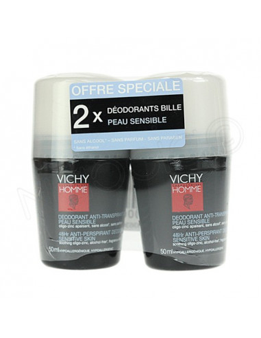 Vichy Homme Déodorant Anti-transpirant Peau Sensible. Lot 2x50ml