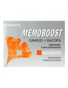 Memoboost Ginkgo + Bacopa mémoire concentration. Boîte de 30 gélules