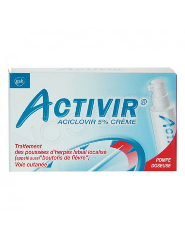 Activir Aciclovir 5% Crème Traitement Herpès Labial Localisé. Pompe doseuse 2g