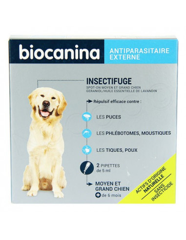 Insectifuge naturel Spot-On Moyen et Grand chien. Boite de 2 pipettes