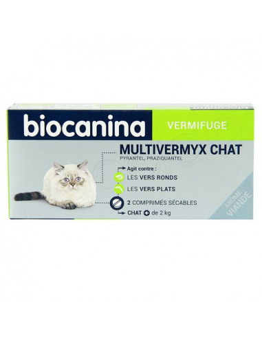 Biocanina Vermifuge Multivermyx Chat + de 2kg Arôme Viande. 2 comprimés sécables