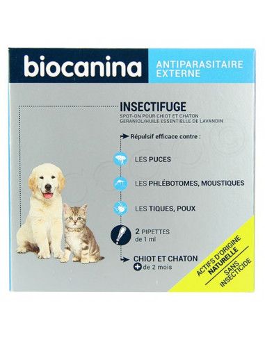 Insectifuge naturel spot-On pour chiots et chatons. Boite de 2 pipettes