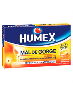 HUMEX MAL DE GORGE MIEL CITRON SANS SUCRE 24 pastilles à sucer - Pharmacie en ligne