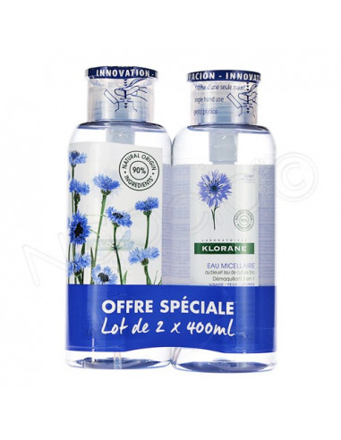 Klorane Eau Micellaire Démaquillant 3 en 1 au Bleuet Bio. Lot 2x400ml