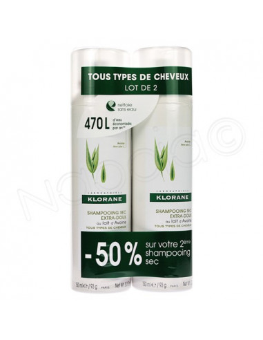 Klorane Shampooing Sec Extra-Doux au Lait d'Avoine. Lot 2x150ml