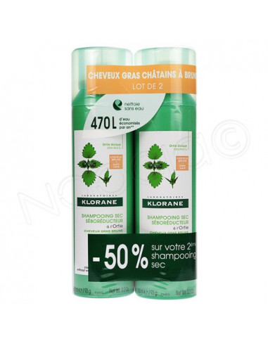 Klorane Shampooing Sec Séboréducteur à l'Ortie Cheveux Châtains à Bruns Gras. 2x150ml