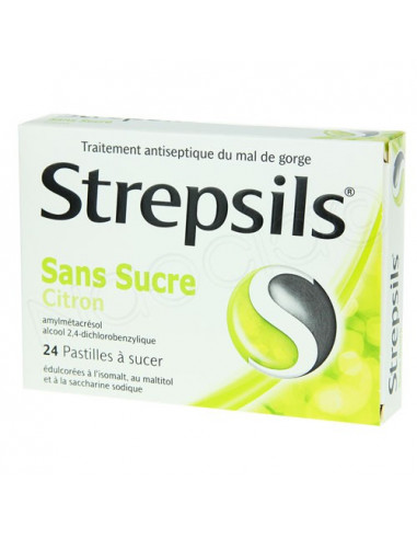 Strepsils Sans Sucre Citron Mal de gorge. 24 pastilles à sucer