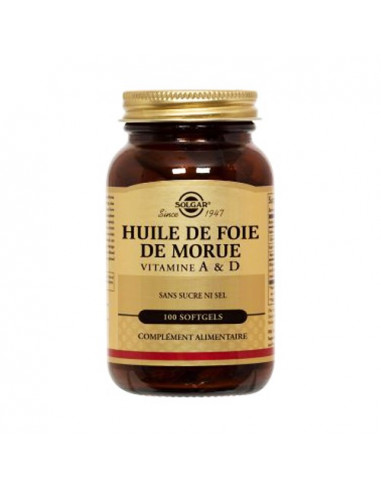 Solgar Huile De Foie De Morue Vitamine A & D sans sucre ni sel. 100 softgels