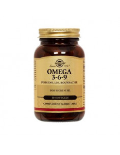 Solgar omega 3-6-9 poisson lin bourrache sans sucre ni sel. 60 softgels
