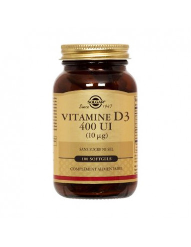 Solgar Vitamine D3 400UI (10µg) sans sucre ni sel. 100 Softgels