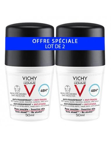 Vichy Homme Déodorant Anti-transpirant Anti-traces Chemises. Lot 2x50ml