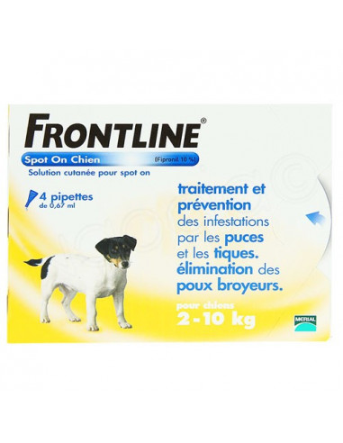 Frontline Antiparasitaire Spot on Chiens et Chats. Pipettes Chiens 2-10kg 4 pipettes 0.67ml