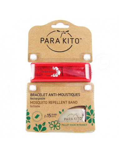 Para'Kito Bracelet Anti-moustiques rechargeable Nouvelle Formule et 2 plaquettes Jungle rouge
