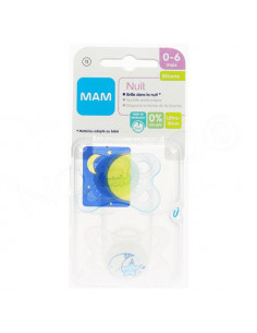 MAM Nuit Sucette 0-6 mois. x2 sucettes Blanc / Bleu Transparent