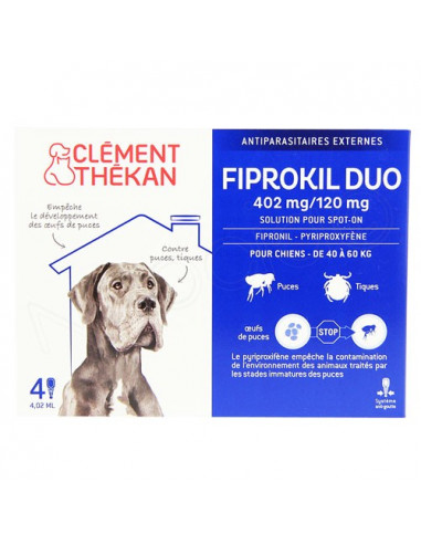 Clément Thékan Fiprokil Duo Spot on Antiparasitaires Chat et chien. Pipettes Chien 40-60kg 4 pipettes 4.02ml