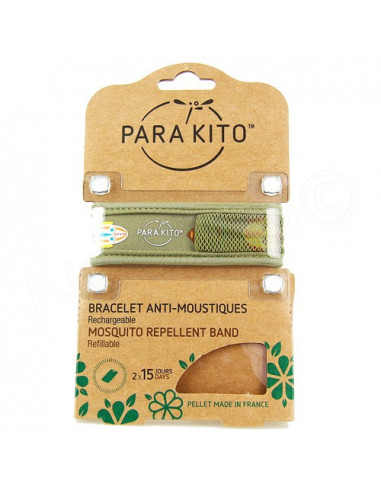 Para'Kito Bracelet Anti-moustiques rechargeable Nouvelle Formule et 2 plaquettes Ethnic vert kaki