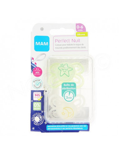 MAM Perfect Nuit Sucette 0-6 mois. x2 sucettes Blanc / Vert Transparent