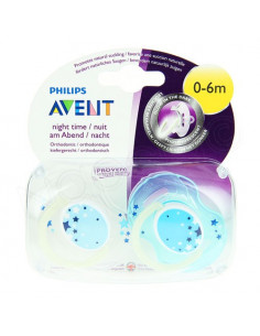 Avent Sucettes Orthodontiques Phosphorescentes Nuit 0-6m. Boite x2 Bleu et Transparent