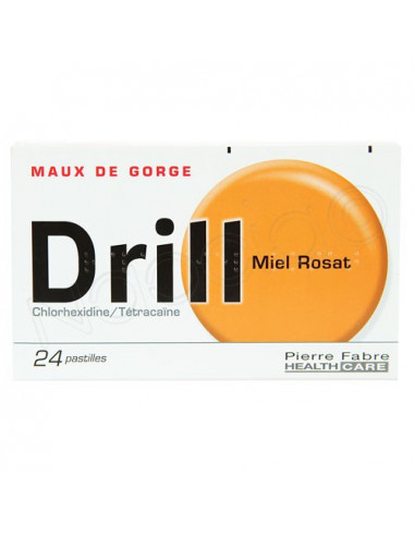 Drill Pastilles Maux de Gorge Chlorhexidine/Tétracaïne. 24 pastilles Miel Rosat