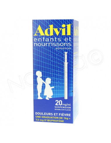 Advil Enfants et nourrissons Suspension buvable boite bleue. inscription jaune
