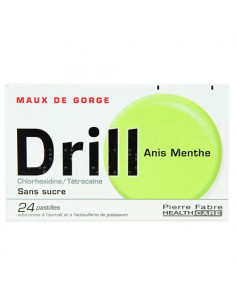 Drill Pastilles Maux de Gorge Sans Sucre. 24 pastilles Anis Menthe