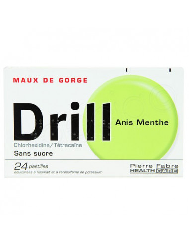 Drill Pastilles Maux de Gorge Sans Sucre. 24 pastilles Anis Menthe