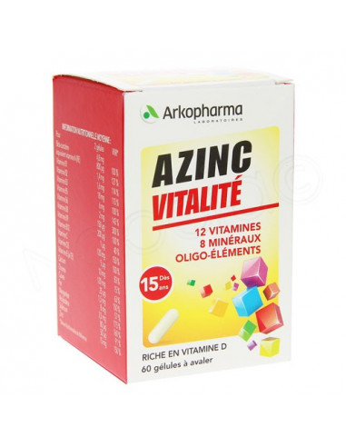 Azinc Forme et Vitalité 12 Vitamines 8 Minéraux Oligo-éléments Boite 60 gélules